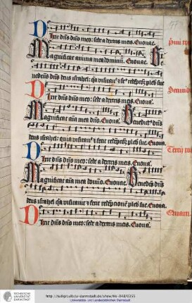 Die Intonationen der acht Psalmtöne, mit denen die Handschrift schließt: ... et fecit redemptionem plebis sue. Euouae.