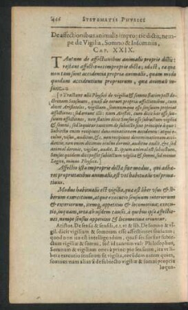 De affectionibus animalis improprie dictis; nempe de Vigilia, Somno & Insomniis, Cap. XXIX.