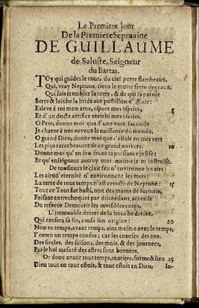 Le Premiere Jour De la Premiere Sepmaine De Guillaume de Saluste, Seigneur du Bartas = Der Erste Tag Der Ersten Woche ...