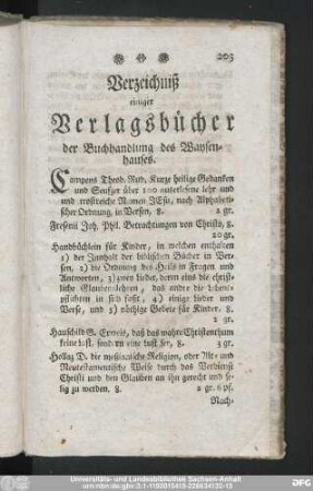 Verzeichniß einiger Verlagsbücher der Buchhandlung des Waysenhauses.