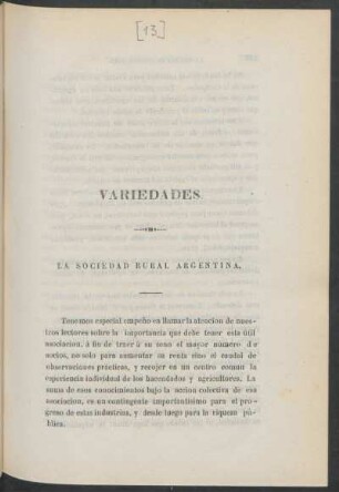 La sociedad rural argentina. : Variedades.