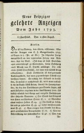 67stes Stück. Den 23sten August.