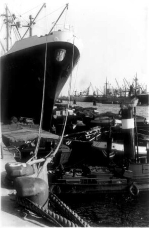 Hamburg. Freihafen. Das Frachtschiff der HAPAG (Hamburg-Amerika-Linie) "Kassel" liegt am Kai und wird entladen. Dieses Schiff gehört zum Typ "Stuttgart". Schuten haben am Frachter festgemacht. Im Vordergrund ein Schlepper