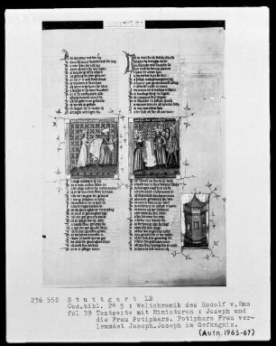 Weltchronik des Rudolf von Ems — Textseite mit drei Miniaturen, Folio 39recto