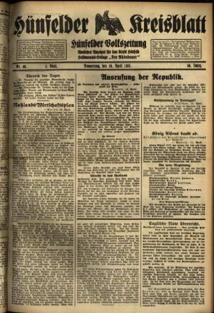 Erste Ausgabe vom Donnerstag, den 16. April 1931.