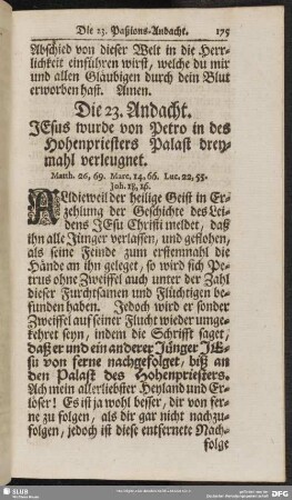 Die 23. Andacht. Jesus wurde von Petro in des Hohenpriesters Palast dreymahl verleugnet