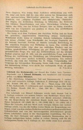 103-112 [Rezension] Lehrbuch des Kirchenrechts; I. und II. Band; 7. Aufl.