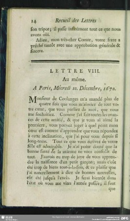 Lettre VIII. Au même. A Paris, Mécredi 10. Décembre, 1670