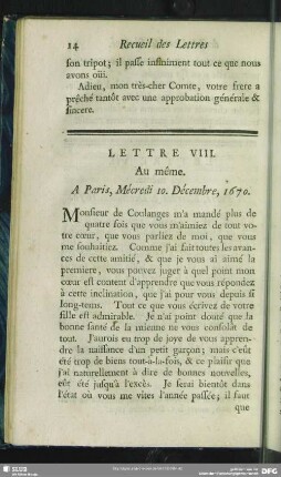 Lettre VIII. Au même. A Paris, Mécredi 10. Décembre, 1670