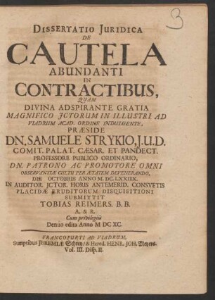 Dissertatio Iuridica De Cautela Abundanti In Contractibus