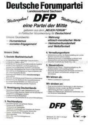 Flugblatt der Deutschen Forumspartei zur Frage der deutschen Einheit, rückseitig Beitrittserklärung (blanko)