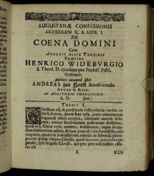 Augustanæ Confessionis Articulum X. & Abus. I. De Coena Domini [...]