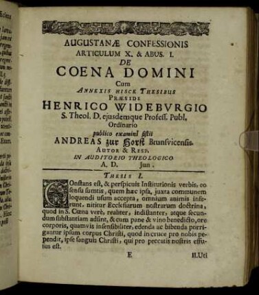 Augustanæ Confessionis Articulum X. & Abus. I. De Coena Domini [...]