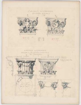 Thiersch, Friedrich von; Wiesbaden; Kurhaus - Säulen - u. Pilasterkapitelle (Grundriss, Ansichten, Schnitt)
