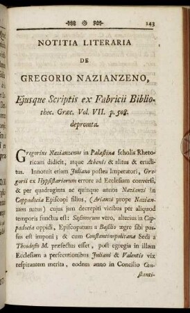 Notitia Literaria De Gregorio Nazianzeno.