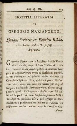 Notitia Literaria De Gregorio Nazianzeno.