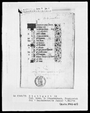 Lateinisch-französisches Stundenbuch (Livre d'heures) — KL-Ligatur und Teilbordüre, Folio 1recto