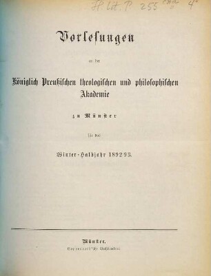 Vorlesungen an der Königlich-Preußischen Theologischen und Philosophischen Akademie zu Münster. 1892/93. WH.