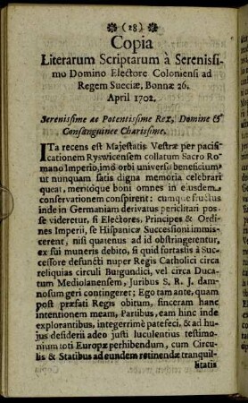 Copia Literarum Scriptarum à Serenissimo Domino Electore Coloniensi ad Regem Sueciæ, Bonnæ 26. April 1702.