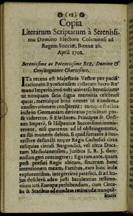 Copia Literarum Scriptarum à Serenissimo Domino Electore Coloniensi ad Regem Sueciæ, Bonnæ 26. April 1702.