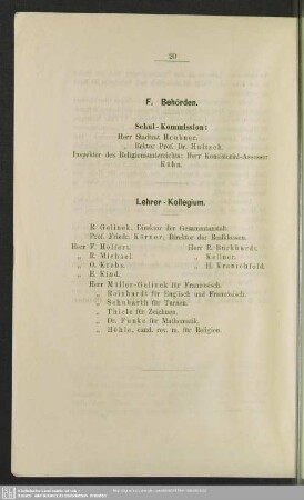 F. Behörden, Lehrer-Kollegium