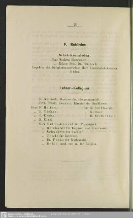 F. Behörden, Lehrer-Kollegium