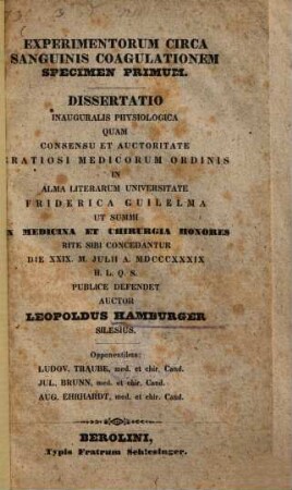 Experimentorum circa sanguinis coagulationem specimen ..., 1
