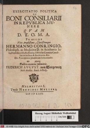 Exercitatio Politica De Boni Consiliarii In Republica Munere