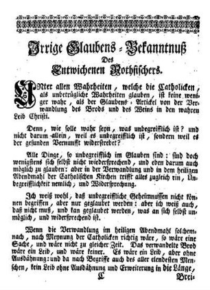 Irrige Glaubens-Bekanntnuß Des Entwichenen Rothfischers.