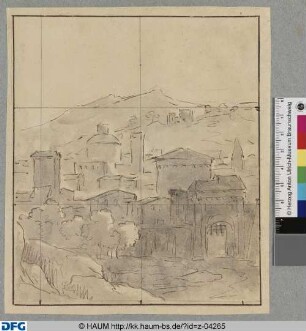 Ansicht einer Stadt von der Stadtmauer her gesehen