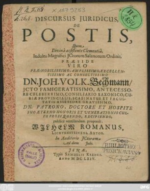 Discursus Iuridicus, De Postis