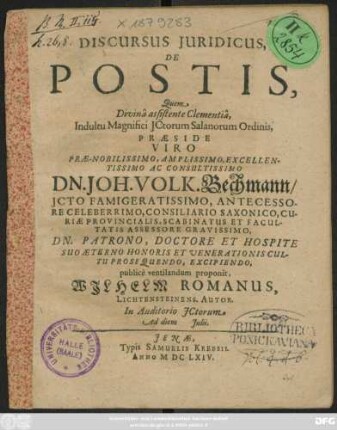 Discursus Iuridicus, De Postis