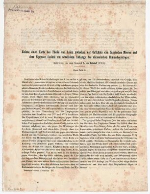 Skizze einer Karte des Theils von Asien zwischen der Ostküste des Caspischen Meeres & dem Alpensee Issikul am nördlichen Abhange des chinesischen Himmelsgebirges