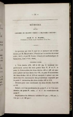 Mémoire sur les courbes du second ordre a branches infinies.