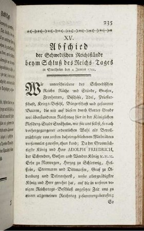 XV. Abschied der Schwedischen Reichsstände beym Schluß des Reichs-Tages in Stockholm den 4 Junius 1752.