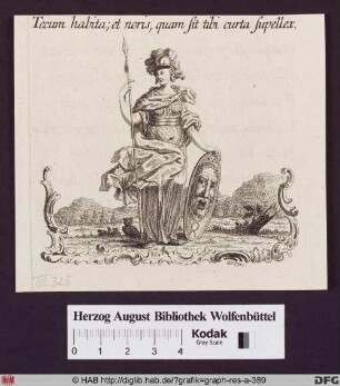 Gerüstete Athene mit Schild, Lanze und Eule in flacher Landschaft.