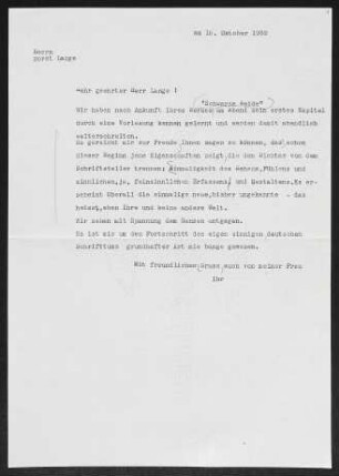 Brief von Gerhart Hauptmann an Horst Lange