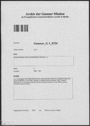 Gossner Mission DDR, Schriftwechsel, Berichte u. a.