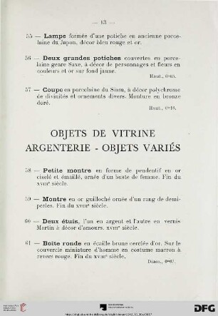 Objets de vitrine – Argenterie – Objets variés (Nr. 58-83)
