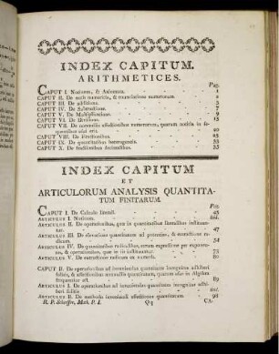 Index capitum. Arithmetices. Index capitum et articulorum analysis quantitatum finitarum.
