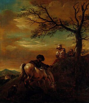 Landschaft mit weißem Hengst an einer Tränke, Kopie nach Wouwerman