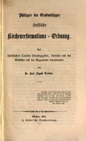 Philipp's des Großmüthigen Hessische Kirchenreformations-Ordnung