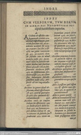 Index Cum Verborum, Tum Rerum In Libris His Metaphysicis Praecipue notabilium copiosus