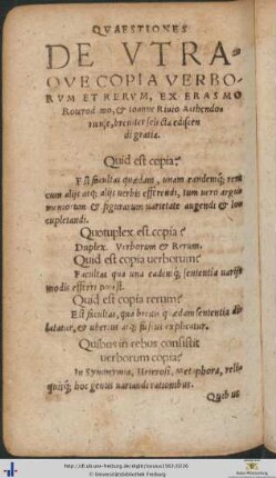 De Utraque Copia Verborum Et Rerum Ex Erasmo Roterodamo et Ioanne Rivio Atthendoriense breviter selecta