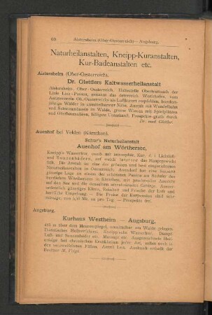 Naturheilanstalten, Kneipp-Kuranstalten, Kur-Badeanstalten etc.
