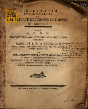 Dissertatio Ivris Pvblici De Qvalitate Religionis Votorvm In Comitiis