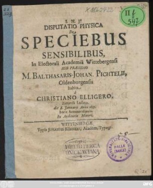 Disputatio Physica De Speciebus Sensibilibus ...