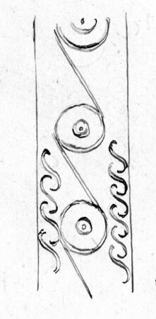 Fragment eines starken Bands mit eingeschlagener geometrischer Verzierung, vermutlich von der Seite eines Dreifuβbeins