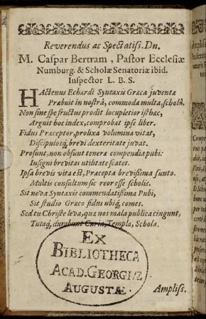 Reverendus ac Spectatiss. Dn. M. Caspar Bertram, [...]