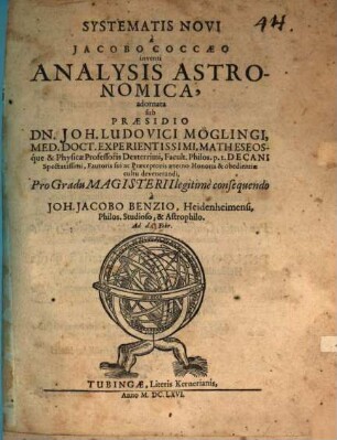 Systematis novi a Jac. Coccaeo inventi analysis astronomica